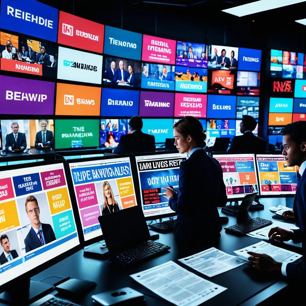 A dynamic news desk with multiple screens displaying live breaking news headlines, surrounded by diverse reporters engaged in discussion, a digital clock ticking to signify urgency, colorful graphics showcasing trending topics, and an open laptop with social media feeds. vibrant colors. modern digital art. high contrast.
