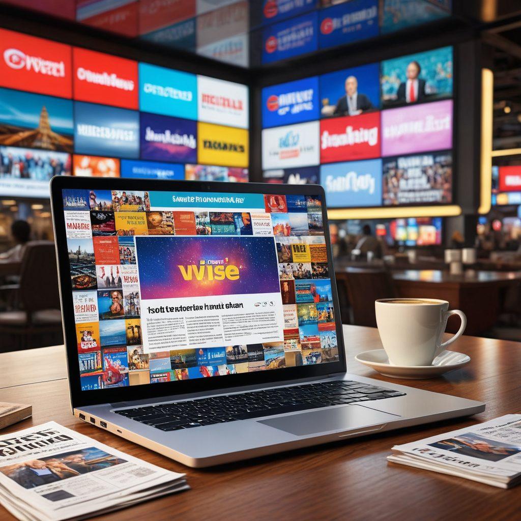 An open laptop displaying a live news stream, surrounded by newspapers and a coffee cup, symbolizing the essence of staying connected to breaking news. In the background, a large digital billboard flashes important headlines and updates from around the world. The scene conveys urgency and engagement, emphasizing the importance of being informed. super-realistic. vibrant colors. inviting atmosphere.