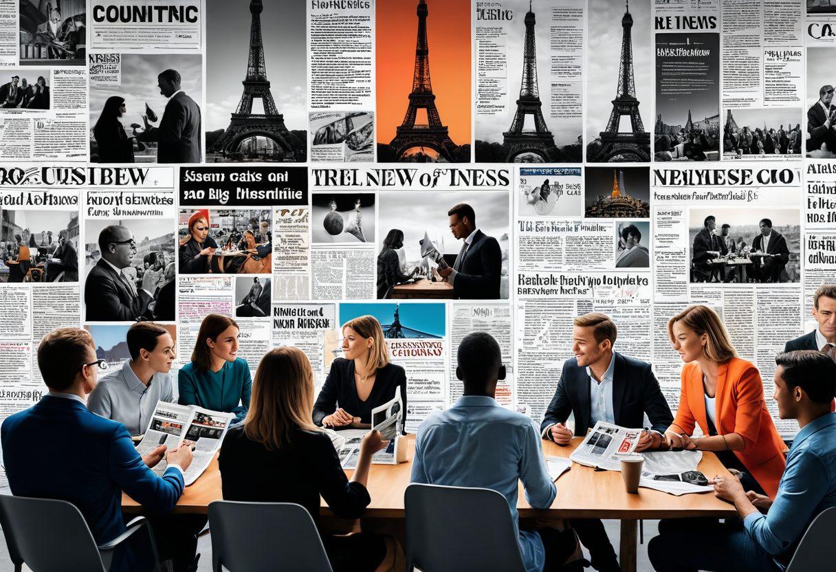 A dynamic collage featuring a diverse group of people engaging with various news platforms: reading newspapers, watching TV, browsing a smartphone, and discussing current events in a cafe. The background should depict iconic landmarks symbolizing global news coverage, with a vibrant color palette to convey energy and urgency. Use a modern, clean design that reflects the digital age of news consumption. super-realistic. vibrant colors. 3D.